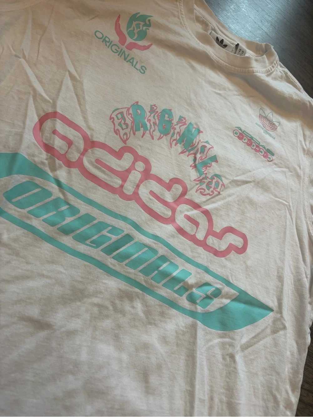 adidas White Short-Sleeve Tee with Pink & Teal Logos